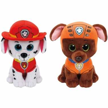Paw patrol knuffels set van 2x karakters marshall en zuma 15 cm hond
