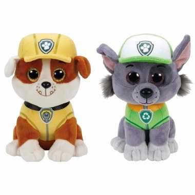 Paw patrol knuffels set van 2x karakters rubble en rocky 15 cm hond