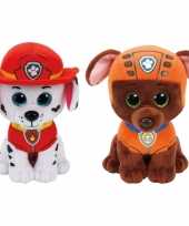 Paw patrol knuffels set van 2x karakters marshall en zuma 15 cm hond