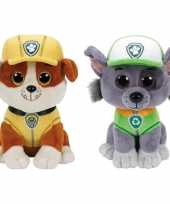 Paw patrol knuffels set van 2x karakters rubble en rocky 15 cm hond